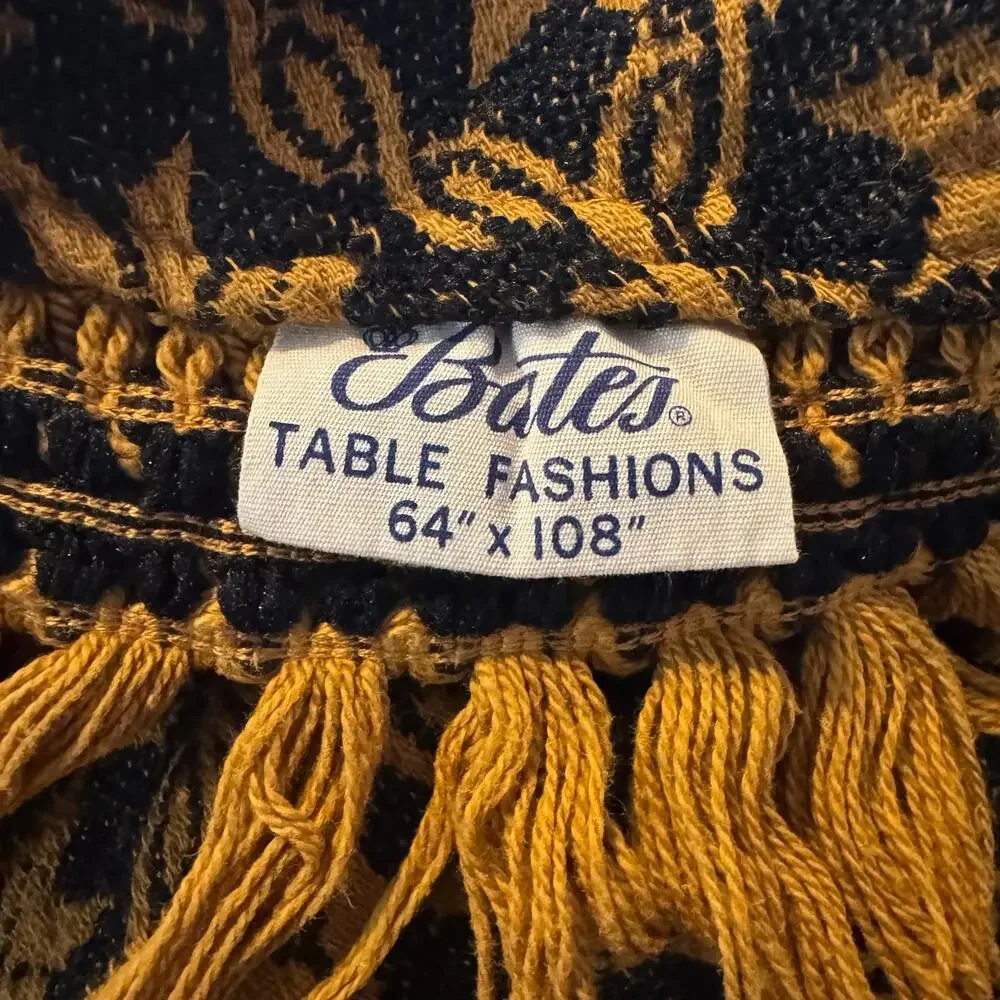 Vintage Bates Black Brown Oval Fringed Tablecloth 64x108